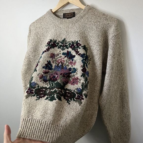 Vintage Eddie Bauer Wool Sweater Large Crewneck Floral Knit Boho Cottagecore - Picture 5 of 6
